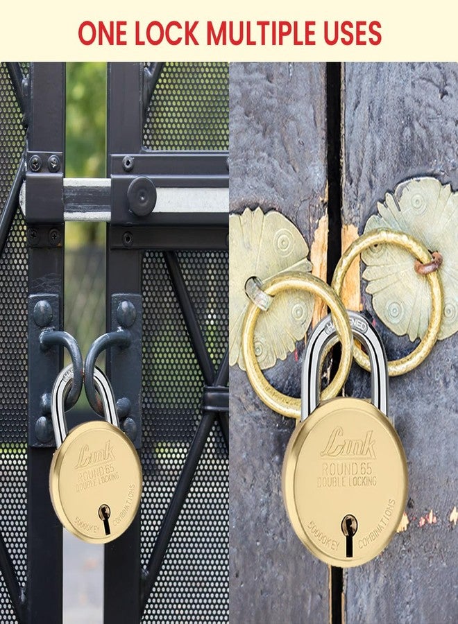 لينك قفل باب منزلي دائري من النحاس الأصفر بثمانية أذرع وقطر 65 مم | قفل مزدوج | قفل مزدوج | قفل باب منزلي بطلاء نحاسي مع 4 مفاتيح | صنع في الهند | (ذهبي، عبوة من قطعتين) - Image 4